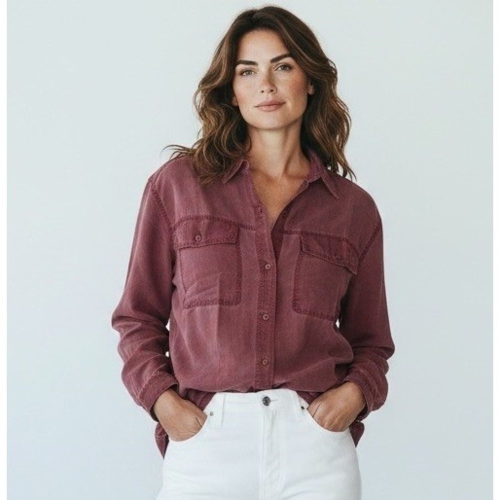 Hunt Club NWT 100% Silk Button Front Shirt Wine Burgundy Loose Coastal Cottage S
